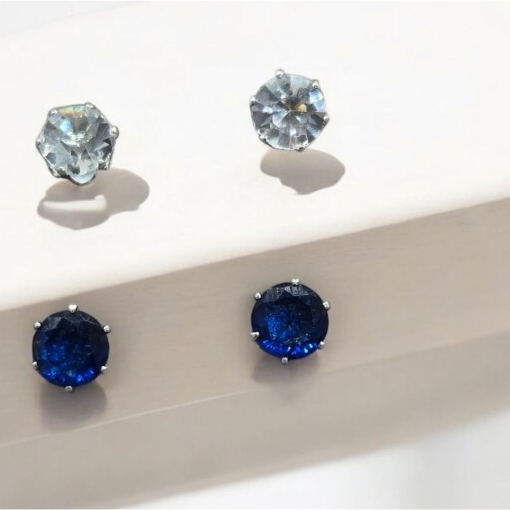 2 Pair White Blue Zircon Earrings Rhinestone CZ Shiny Studs 1CT Sparkly Jewelry